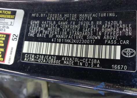 2019 Toyota Camry Se из США, поврежденный, VIN 4T1B11HK2KU230017